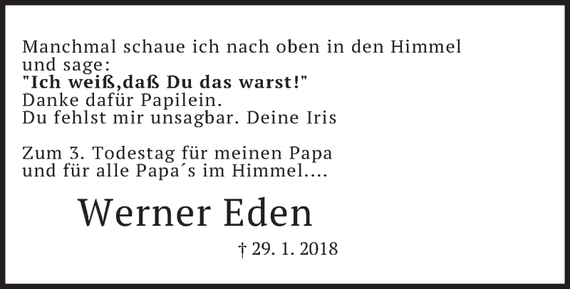  Traueranzeige für Werner Eden vom 29.01.2021 aus merkurtz