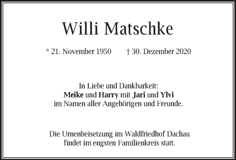 Traueranzeige für Willi Matschke vom 04.01.2021 aus merkurtz
