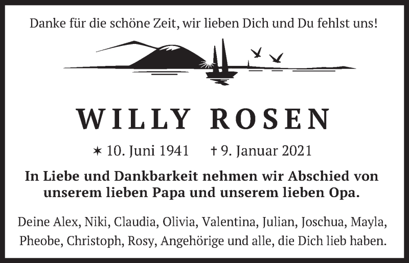  Traueranzeige für Willy Rosen vom 16.01.2021 aus merkurtz