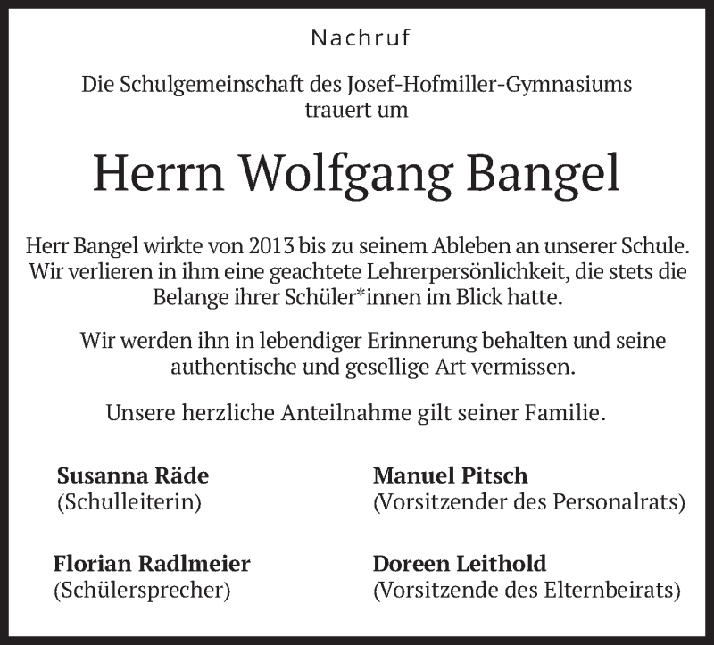  Traueranzeige für Wolfgang Bangel vom 22.01.2021 aus merkurtz