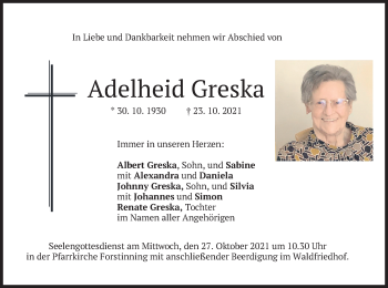 Traueranzeige von Adelheid Greska von merkurtz