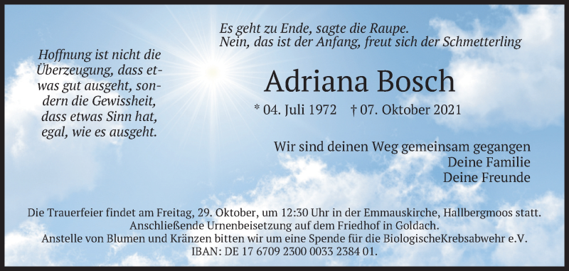 Traueranzeige für Adriana Bosch vom 19.10.2021 aus merkurtz