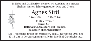 Traueranzeige von Agnes Sirtl von merkurtz