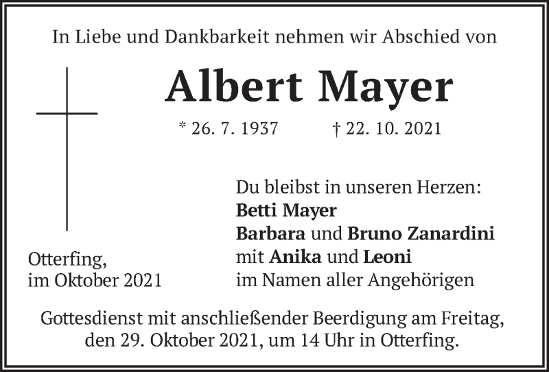  Traueranzeige für Albert Mayer vom 27.10.2021 aus merkurtz