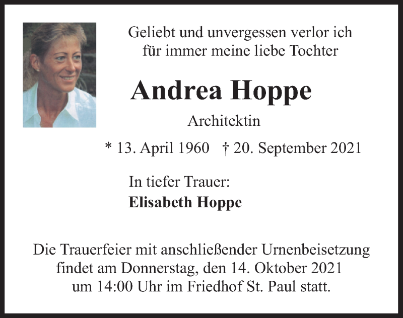  Traueranzeige für Andrea Hoppe vom 09.10.2021 aus merkurtz