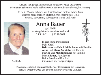 Traueranzeige von Anna Bauer von merkurtz