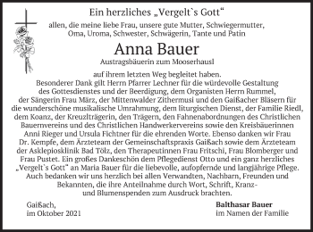 Traueranzeige von Anna Bauer von merkurtz