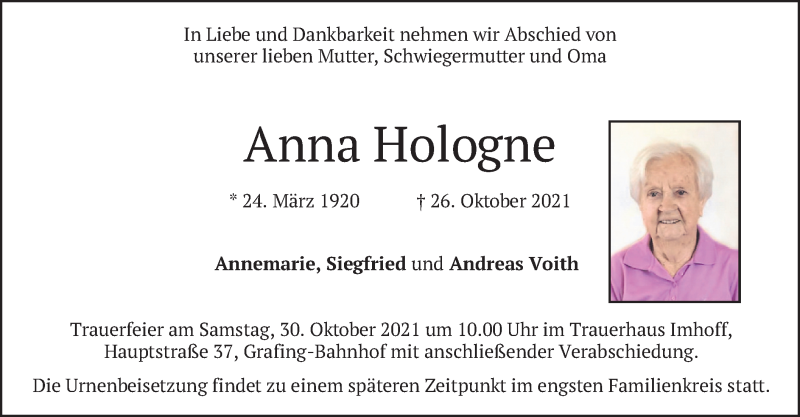  Traueranzeige für Anna Hologne vom 28.10.2021 aus merkurtz
