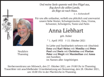 Traueranzeige von Anna Liebhart von merkurtz