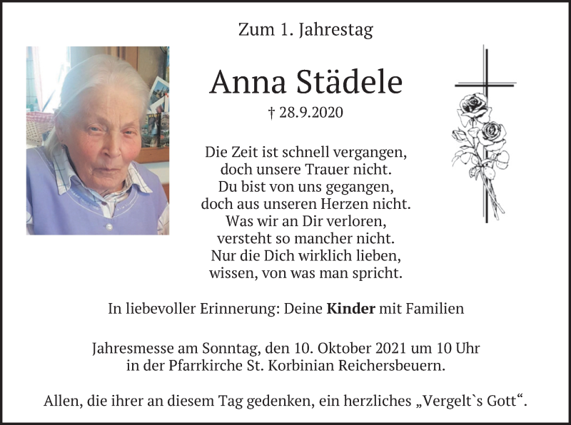  Traueranzeige für Anna Städele vom 08.10.2021 aus merkurtz