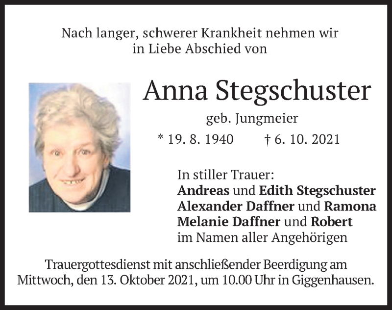  Traueranzeige für Anna Stegschuster vom 09.10.2021 aus merkurtz