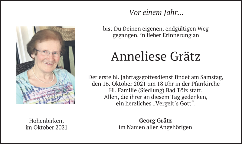  Traueranzeige für Anneliese Grätz vom 14.10.2021 aus merkurtz