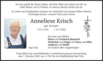 Traueranzeige von Anneliese Krisch von merkurtz