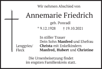 Traueranzeige von Annemarie Friedrich von merkurtz