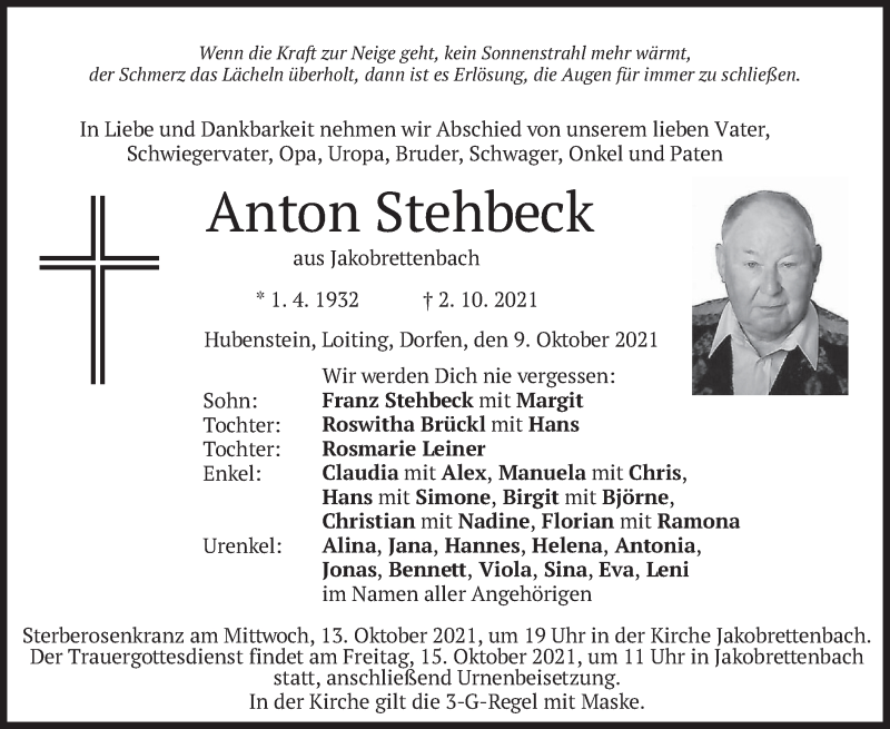  Traueranzeige für Anton Stehbeck vom 09.10.2021 aus merkurtz