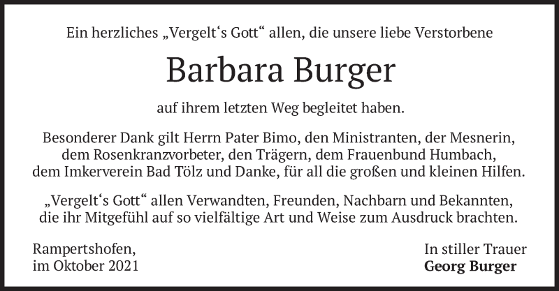  Traueranzeige für Barbara Burger vom 02.10.2021 aus merkurtz