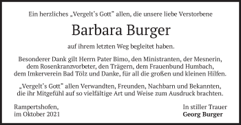 Traueranzeige von Barbara Burger von merkurtz