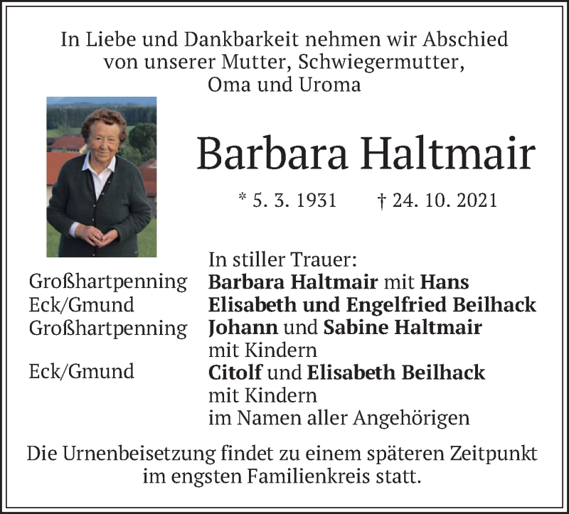  Traueranzeige für Barbara Haltmair vom 30.10.2021 aus merkurtz