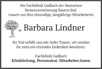 Traueranzeige von Barbara Lindner von merkurtz