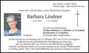 Traueranzeige von Barbara Lindner von merkurtz