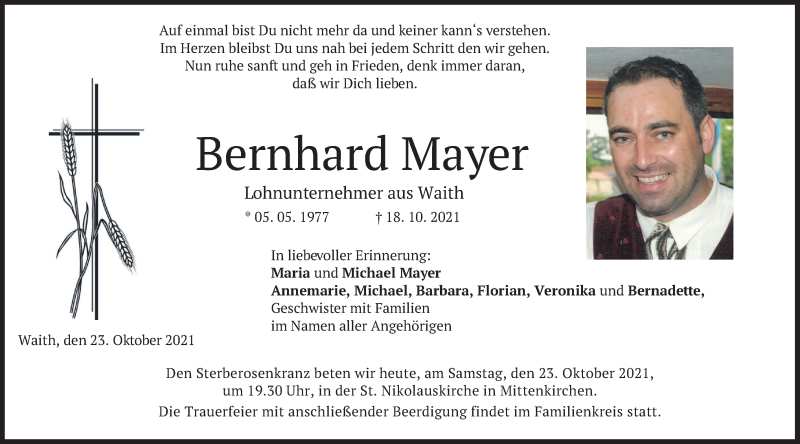  Traueranzeige für Bernhard Mayer vom 23.10.2021 aus merkurtz
