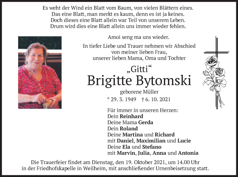  Traueranzeige für Brigitte Bytomski vom 16.10.2021 aus merkurtz