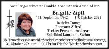 Traueranzeige von Brigitte Zipfl von merkurtz