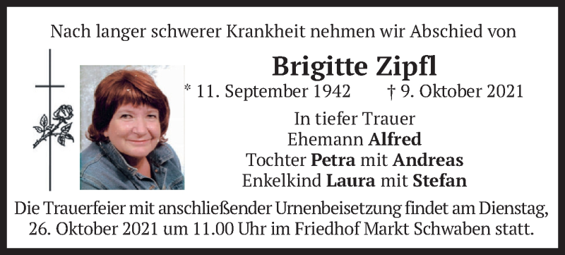  Traueranzeige für Brigitte Zipfl vom 22.10.2021 aus merkurtz