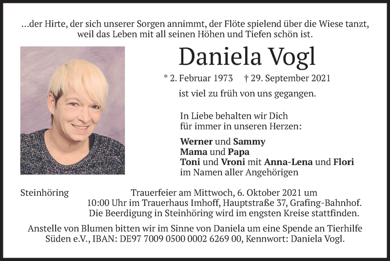  Traueranzeige für Daniela Vogl vom 02.10.2021 aus merkurtz