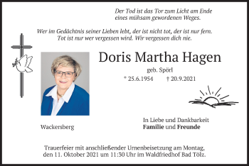 Traueranzeige von Doris Martha Hagen von merkurtz