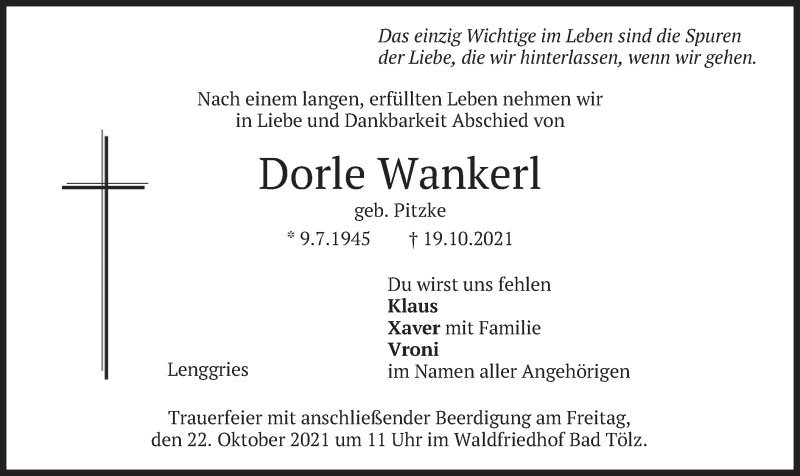  Traueranzeige für Dorle Wankerl vom 20.10.2021 aus merkurtz