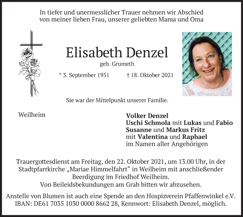  Traueranzeige für Elisabeth Denzel vom 21.10.2021 aus merkurtz