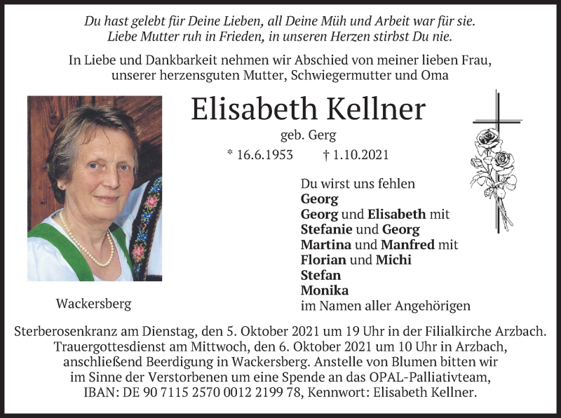  Traueranzeige für Elisabeth Kellner vom 02.10.2021 aus merkurtz