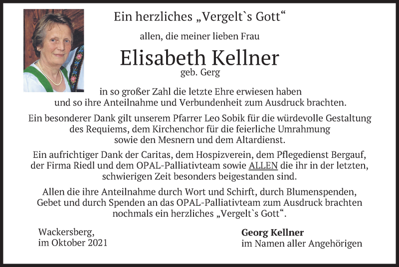  Traueranzeige für Elisabeth Kellner vom 16.10.2021 aus merkurtz