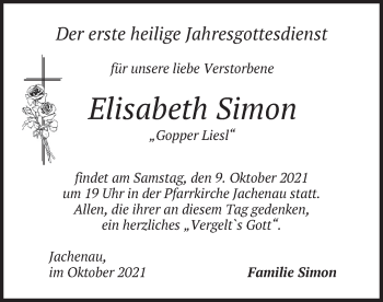Traueranzeige von Elisabeth Simon von merkurtz