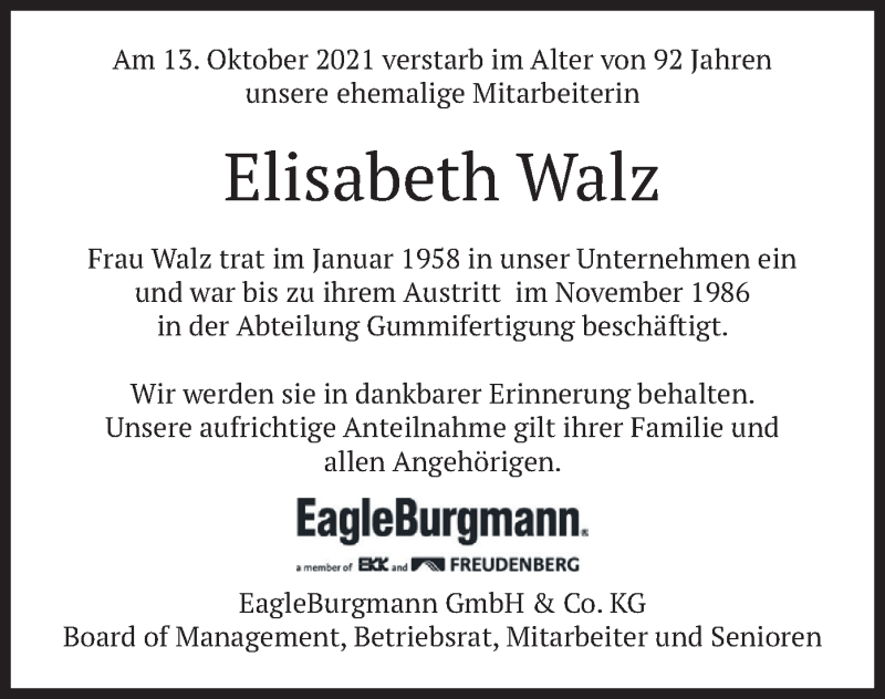  Traueranzeige für Elisabeth Walz vom 21.10.2021 aus merkurtz