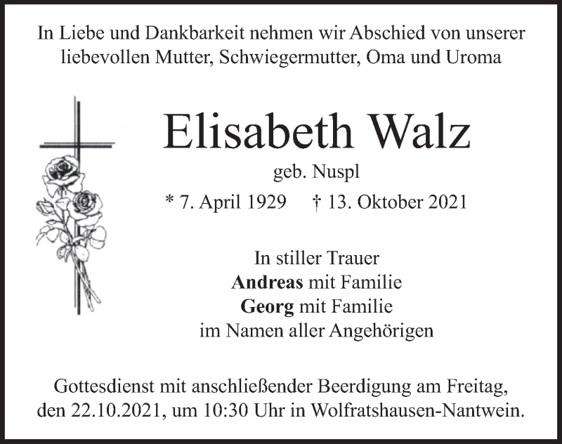  Traueranzeige für Elisabeth Walz vom 16.10.2021 aus merkurtz