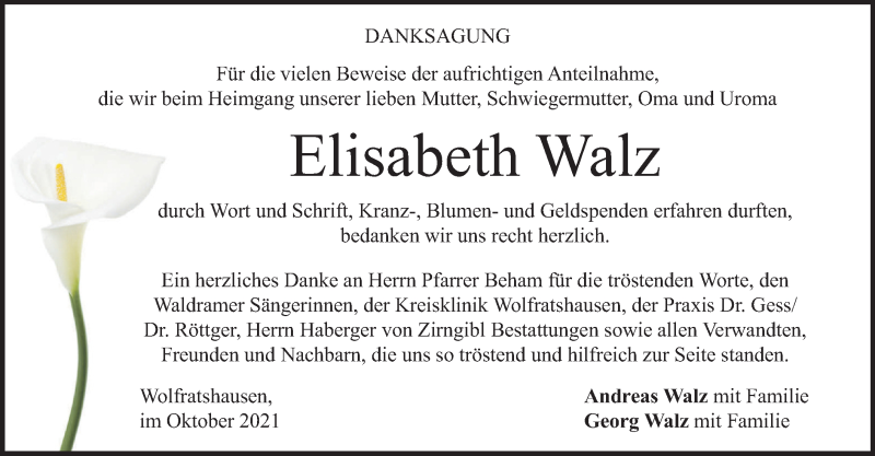  Traueranzeige für Elisabeth Walz vom 30.10.2021 aus merkurtz
