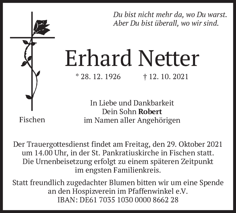  Traueranzeige für Erhard Netter vom 26.10.2021 aus merkurtz