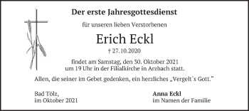 Traueranzeige von Erich Eckl von merkurtz
