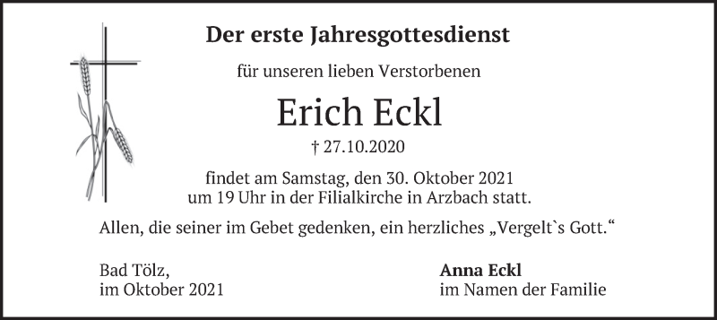  Traueranzeige für Erich Eckl vom 28.10.2021 aus merkurtz