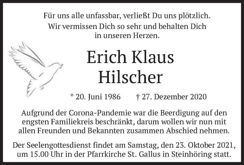  Traueranzeige für Erich Klaus Hilscher vom 21.10.2021 aus merkurtz
