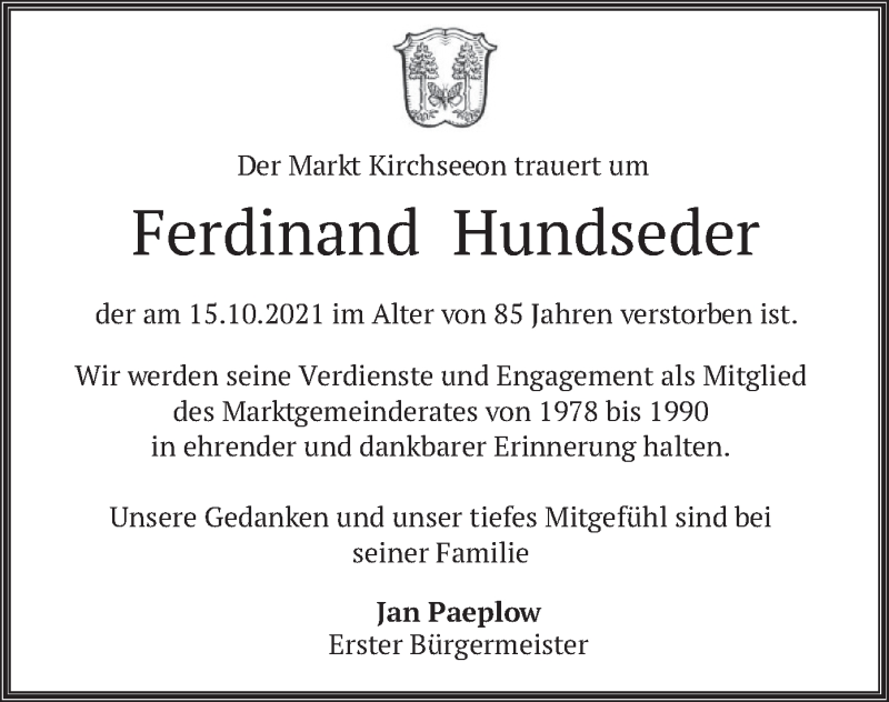 Traueranzeige für Ferdinand Hundseder vom 21.10.2021 aus merkurtz