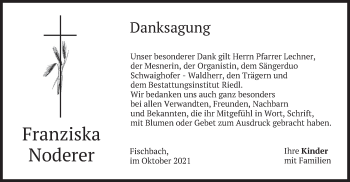 Traueranzeige von Franziska Noderer von merkurtz