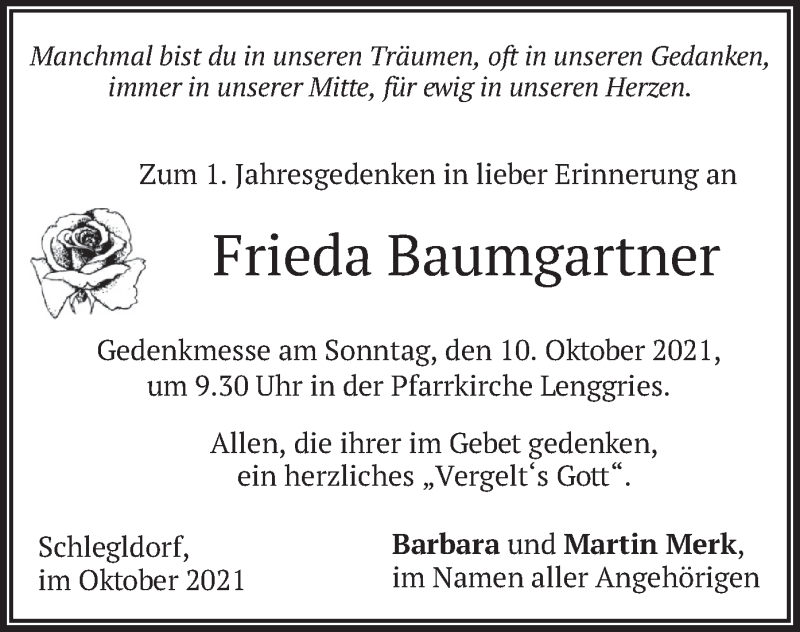  Traueranzeige für Frieda Baumgartner vom 08.10.2021 aus merkurtz