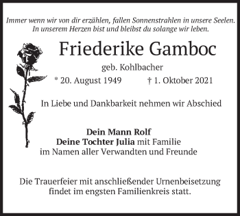 Traueranzeige von Friederike Gamboc von merkurtz