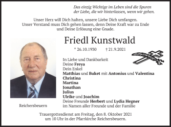 Traueranzeige von Friedl Kunstwald von merkurtz