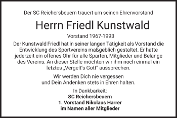Traueranzeige von Friedl Kunstwald von merkurtz