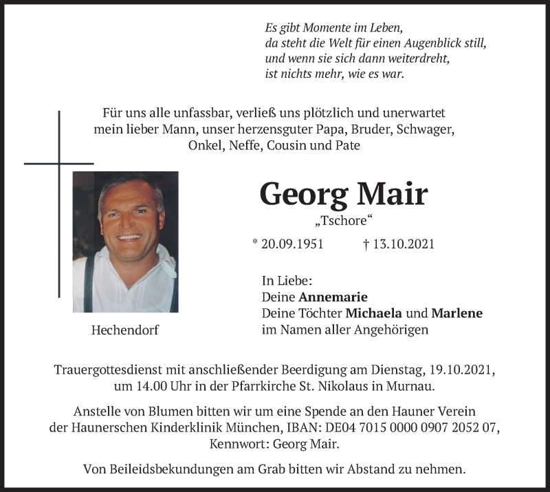  Traueranzeige für Georg Mair vom 16.10.2021 aus merkurtz