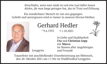 Traueranzeige von Gerhard Hedler von merkurtz